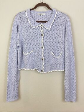 Baybala Lavender Crochet Collared Cropped Cardigan with Contrast Trim Size Large